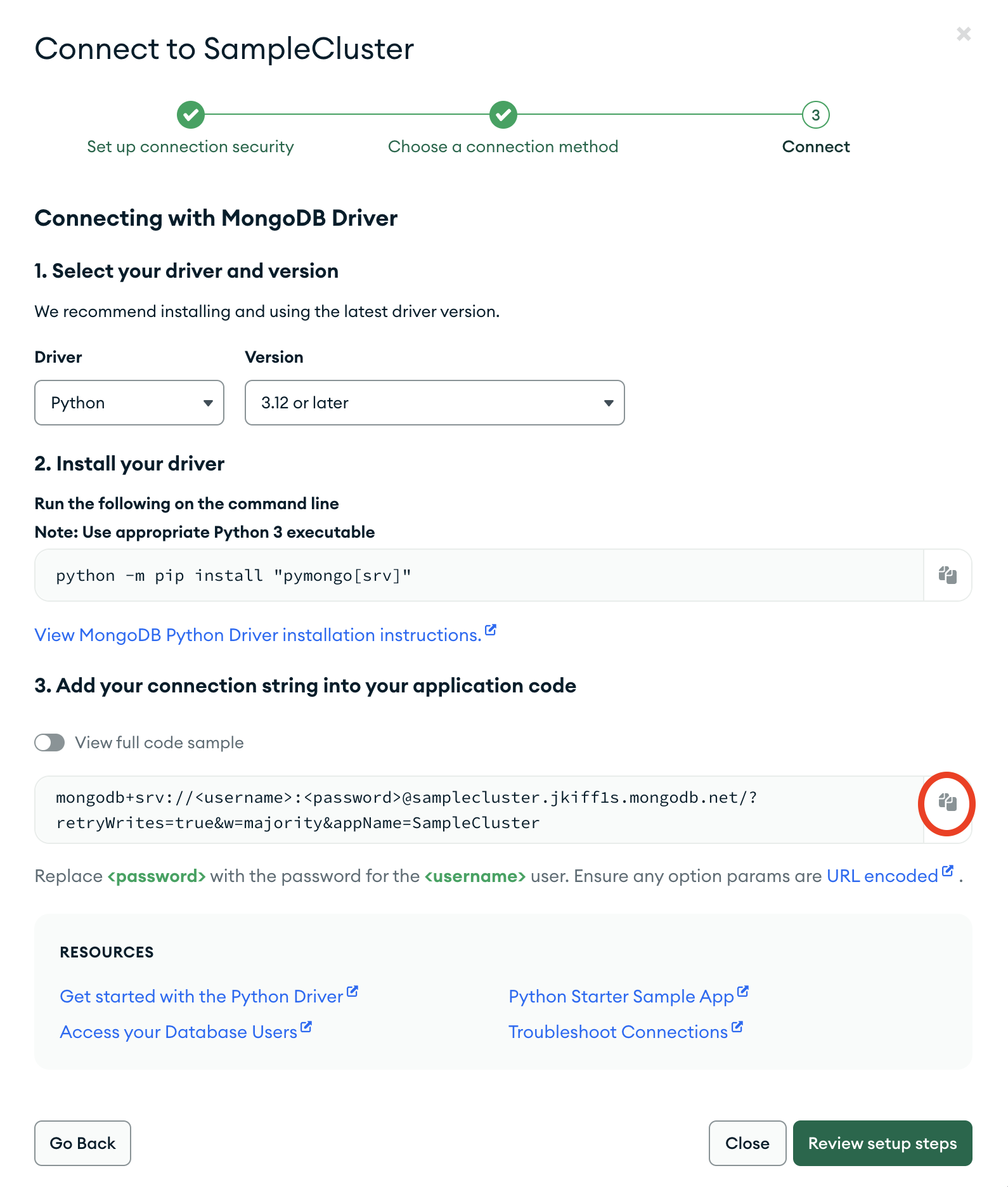 The connection string copy button in the Atlas UI