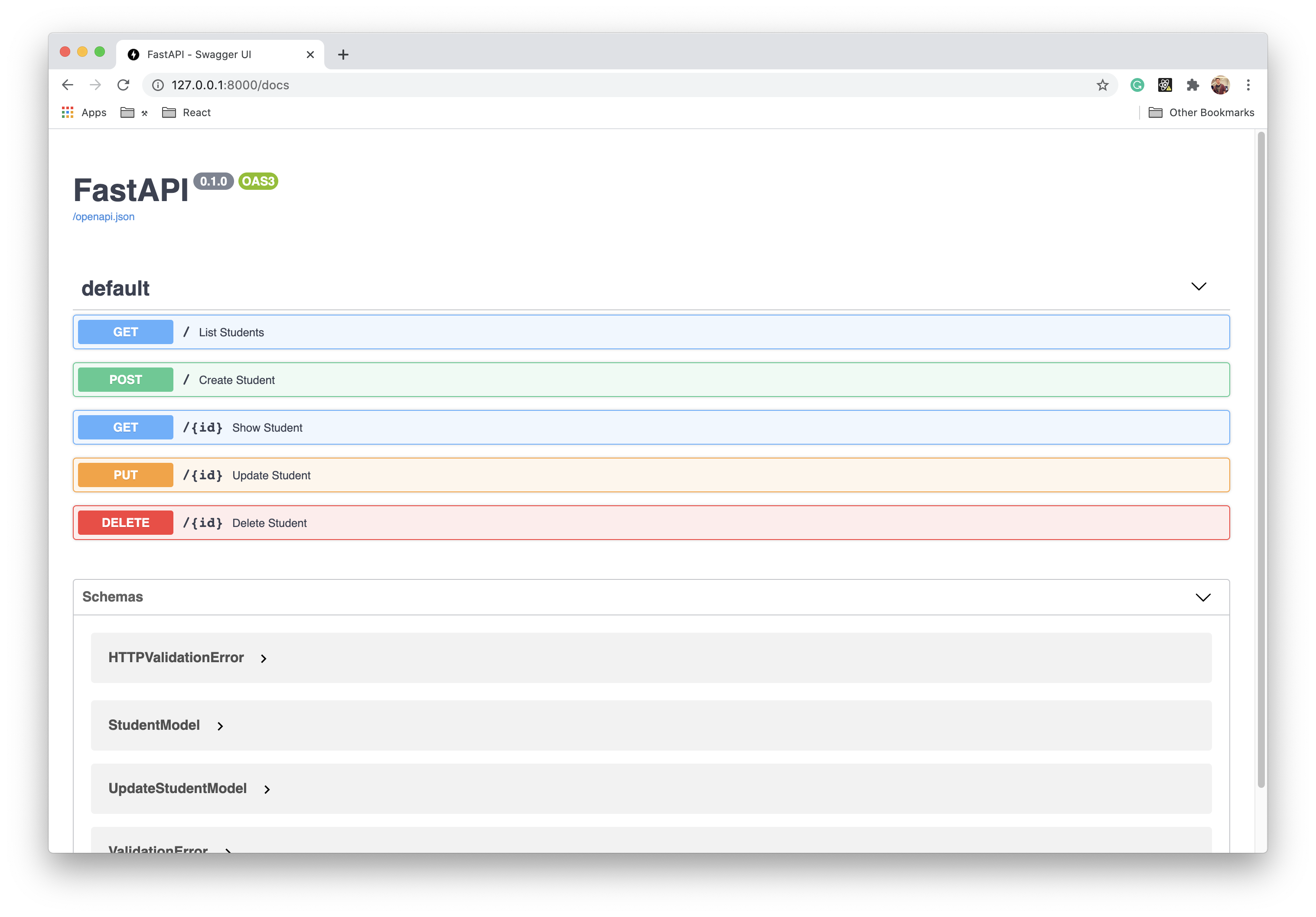 Screenshot of browser and swagger UI